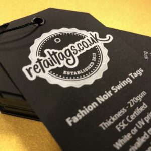 Tech Noir with White Ink Printing Swing Tag Close Up